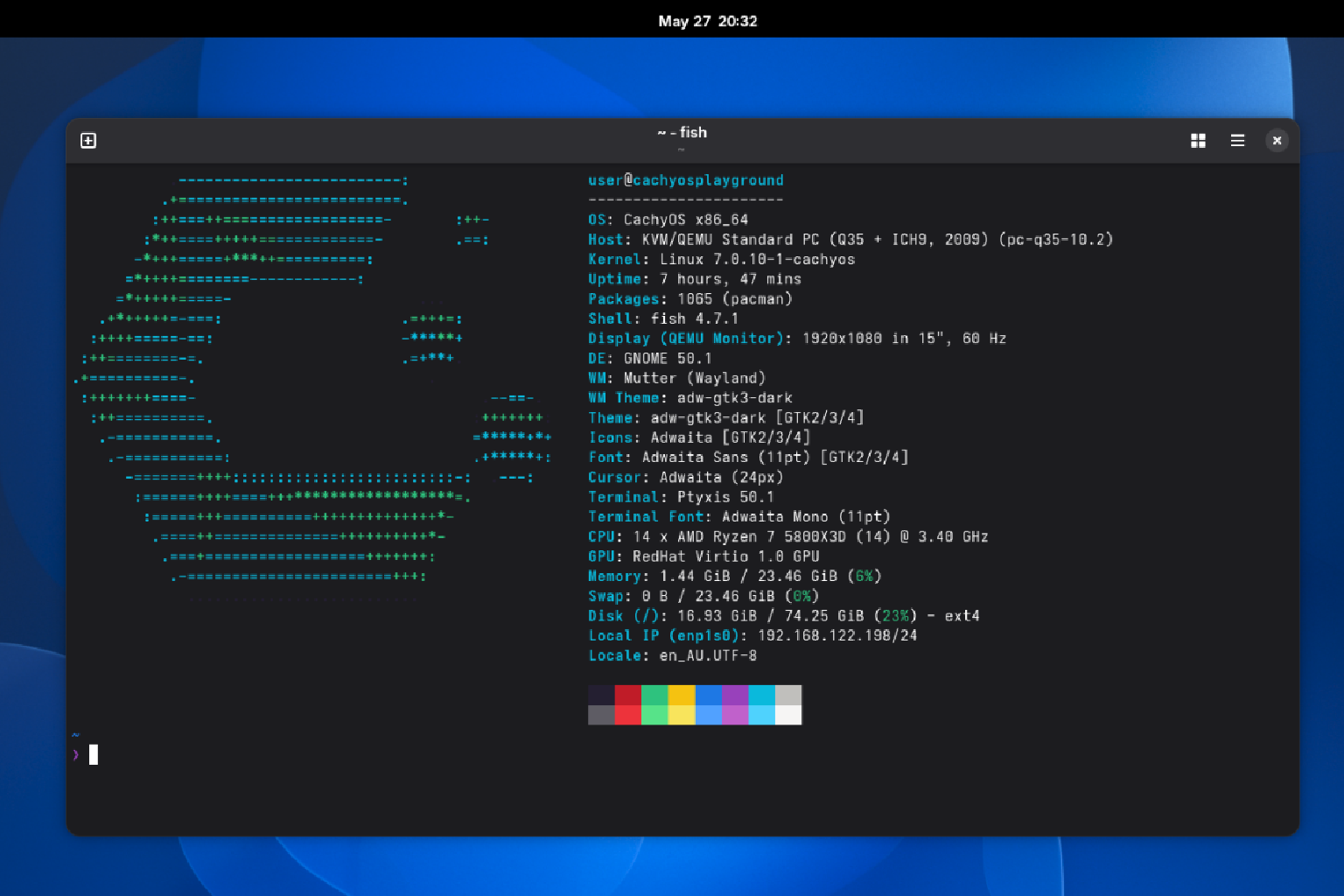 A screenshot of the Ptyxis terminal on CachyOS.